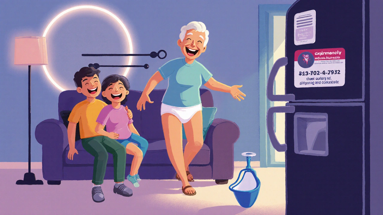 A senior enjoying time with family while using safety tools and discreet incontinence products.