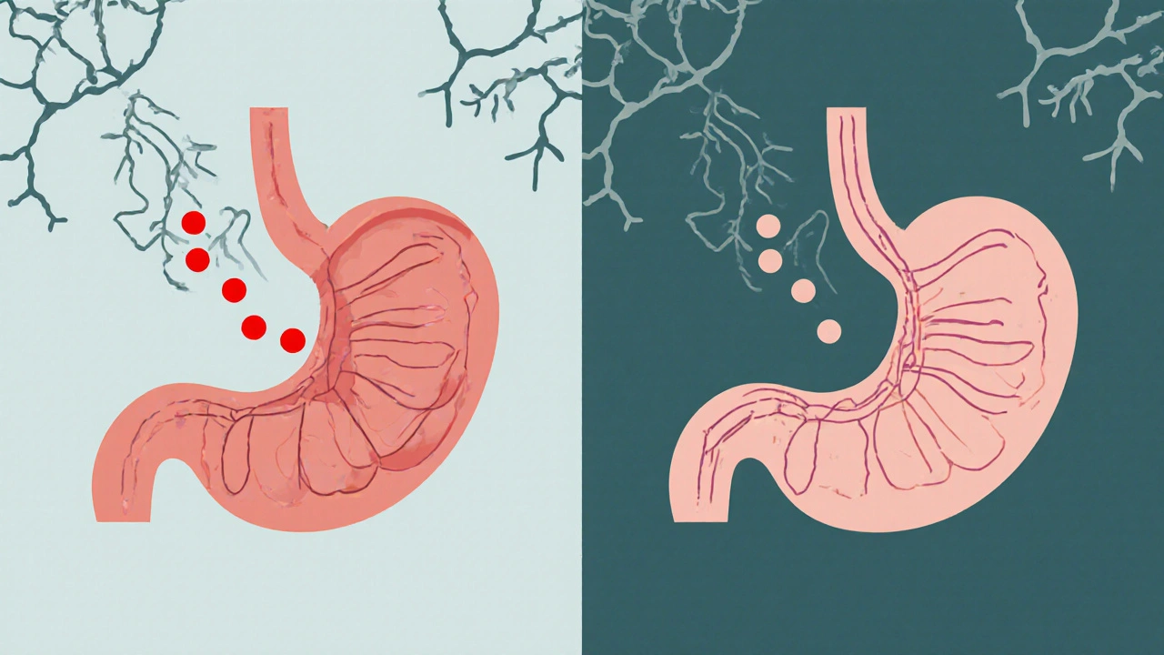 Abstract diagram showing opioid molecules blocked by antiemetic in brainstem.