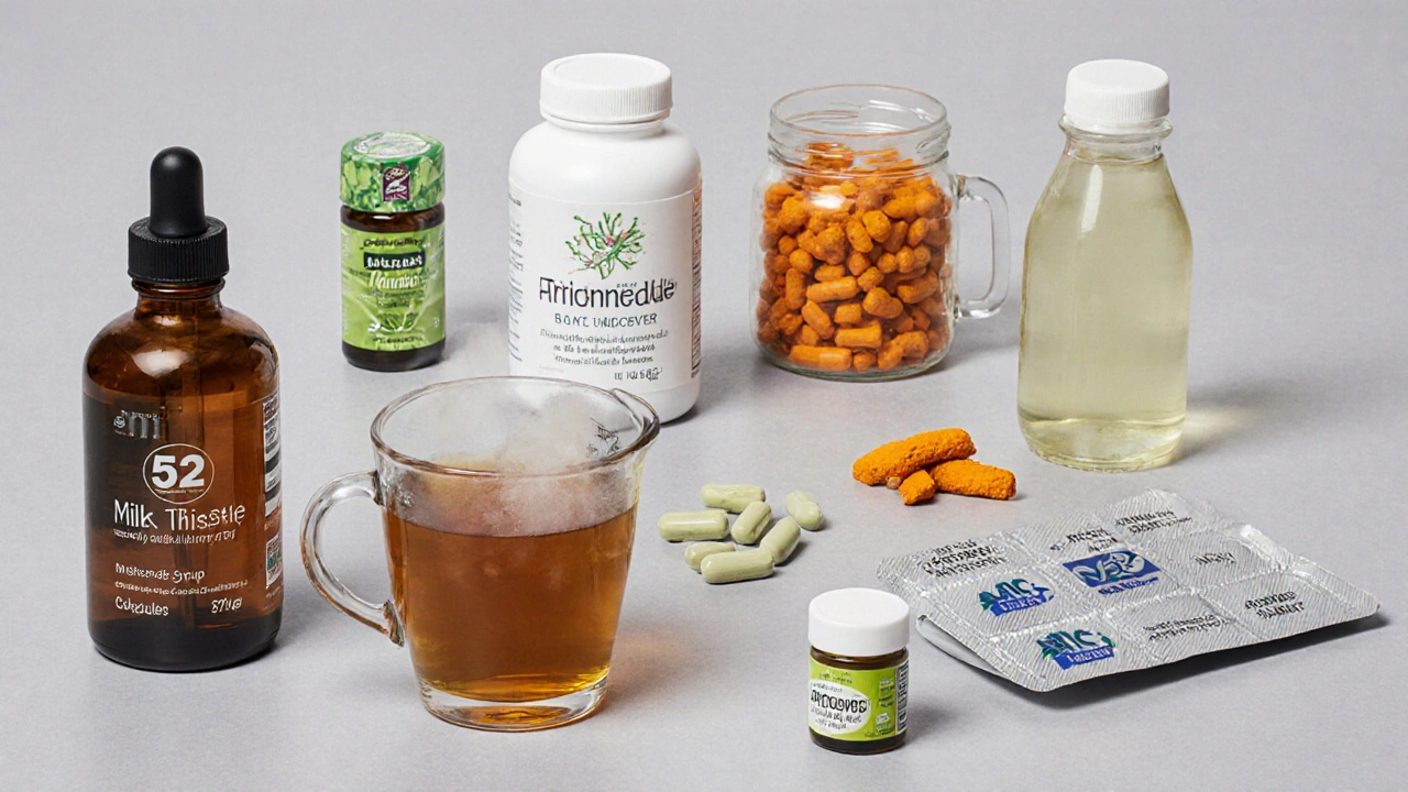 Assortment of liver‑support supplements: capsules, tea, juice, and syrup arranged on a neutral surface.