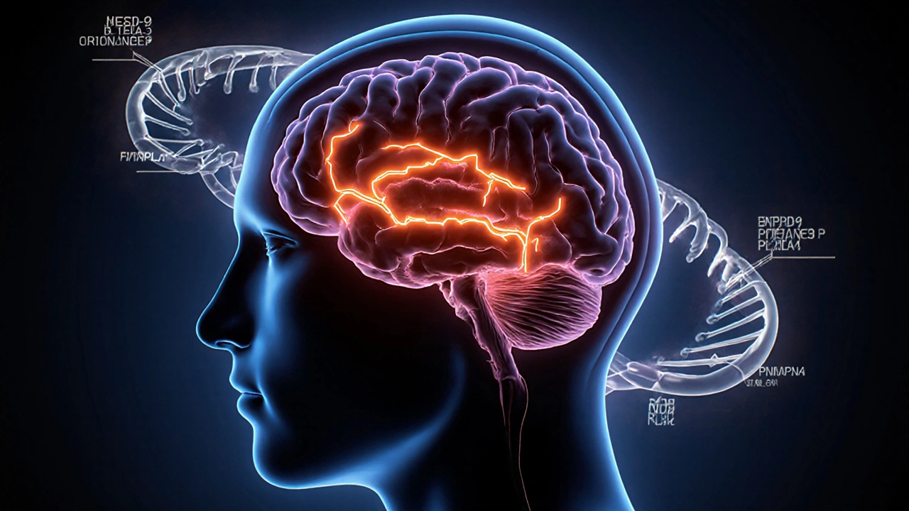 Brain illustration showing dopamine and iron pathways with a surrounding DNA helix
