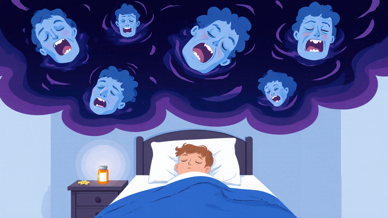 Child sleeping with surreal nightmare shapes floating above, pill bottle on nightstand