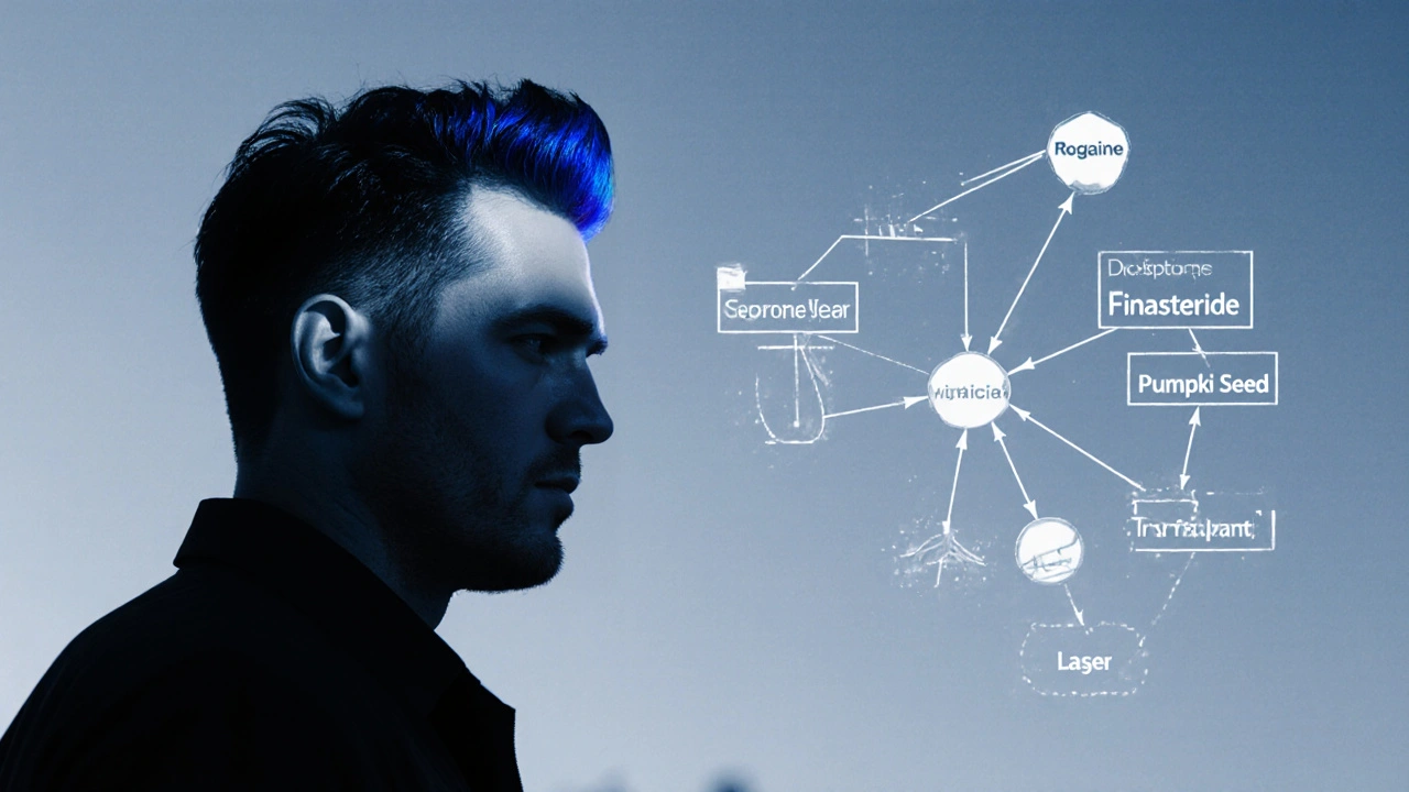 Confident man with full hair walking past a decision‑tree diagram of hair‑loss treatments.
