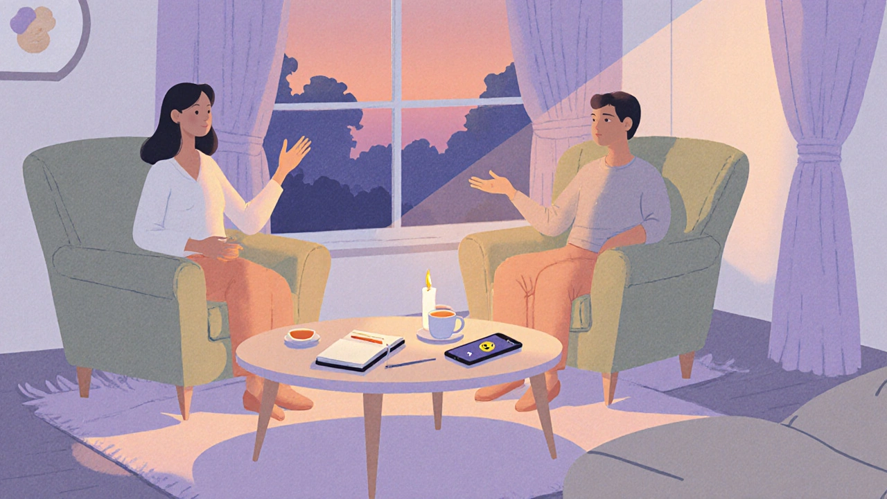 Couple sharing a quiet conversation in a warm living room with tea, candle, and a subtle emoji signal.