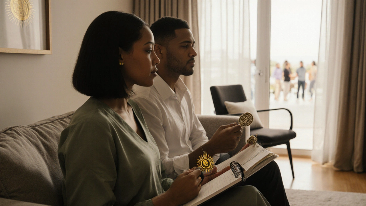 Couple sitting together in a bright therapist office holding symbols of self‑care and boundaries.