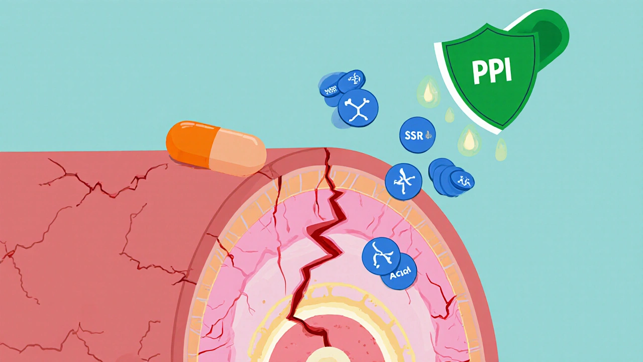 Cross‑section of stomach showing NSAID erosion, blocked platelets, and a protective PPI shield.