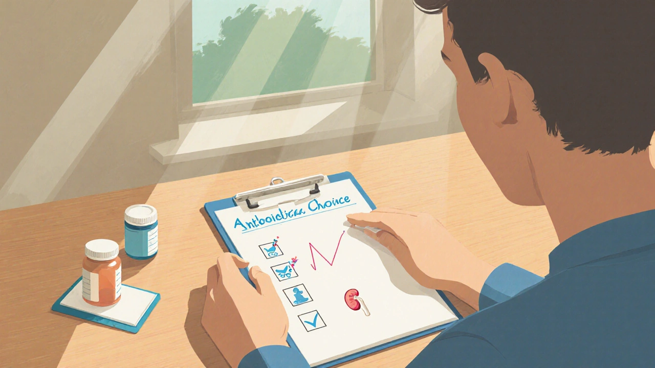 Doctor and patient discussing a medication checklist at a desk.