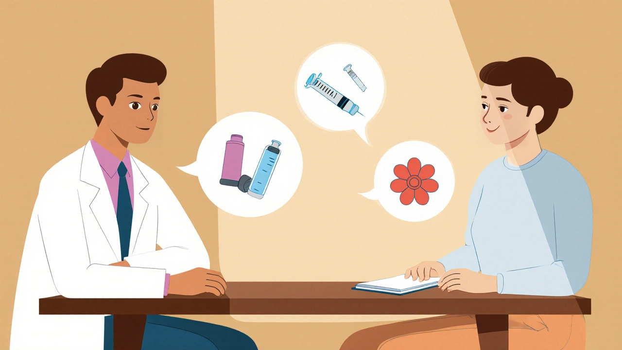 Doctor and patient discussing treatment options with alternative icons between them