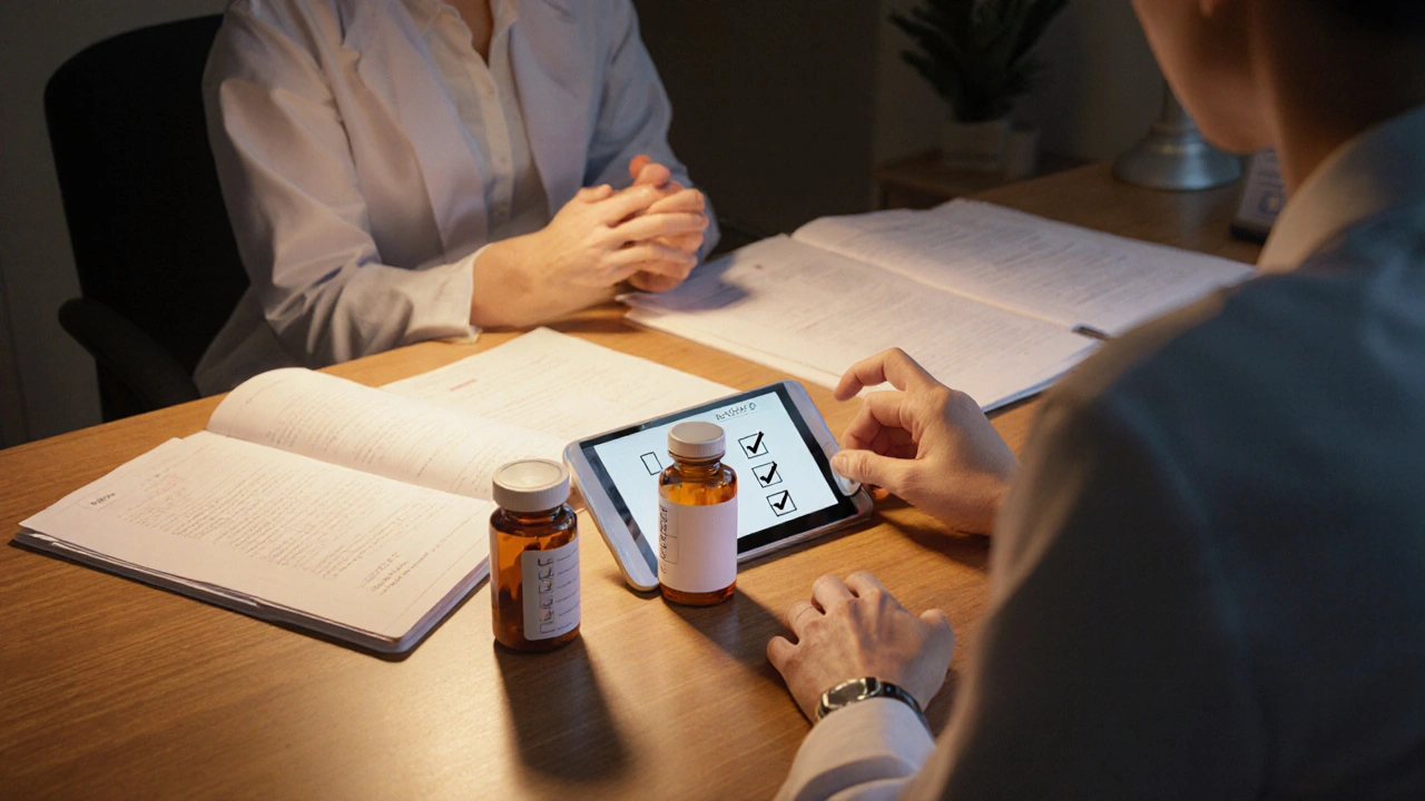 Doctor and patient discussing treatment with three different HIV pill bottles on the desk.
