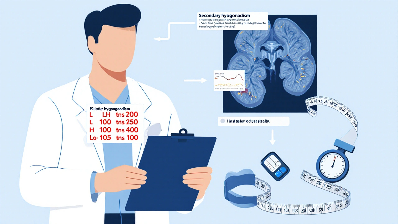 Doctor reviewing low testosterone labs, pituitary MRI, and waist measurement tools in a clean medical illustration.