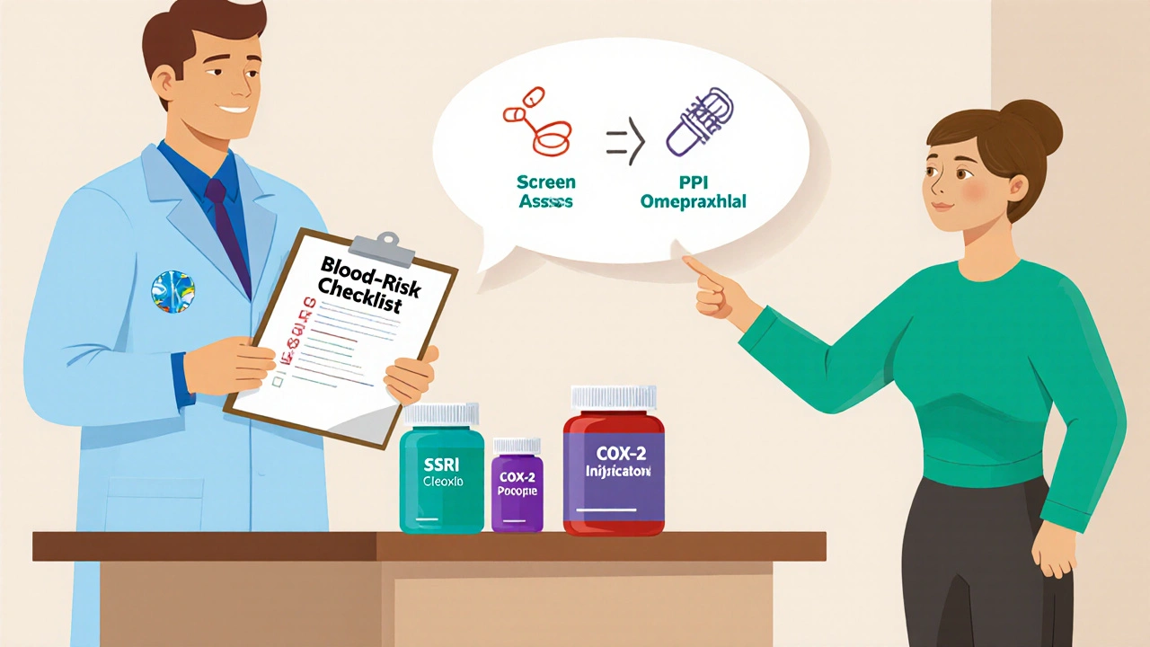 Doctor with checklist and pill bottles for SSRI, celecoxib, and PPI in a clinic setting.