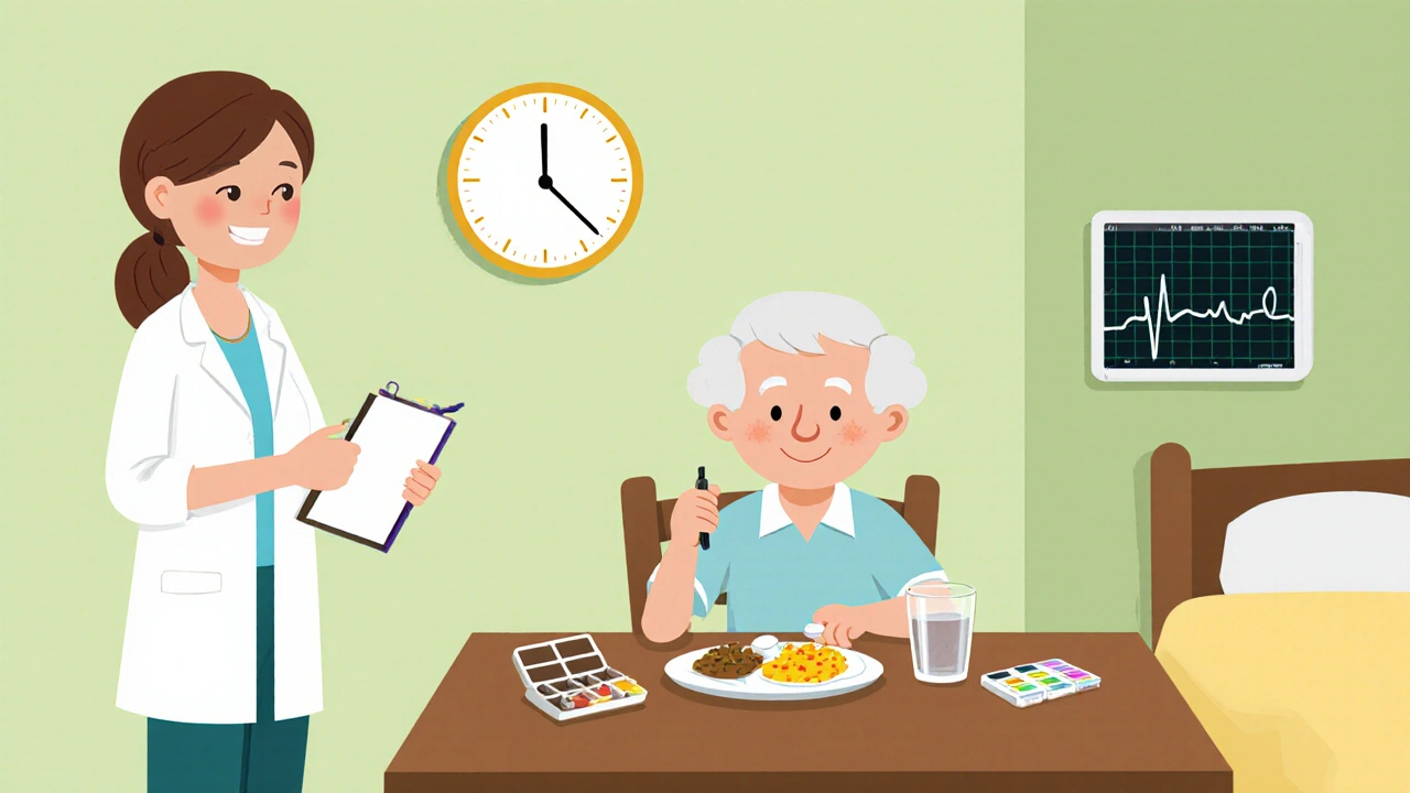 Elderly patient taking Donepezil with food, caregiver monitoring schedule.