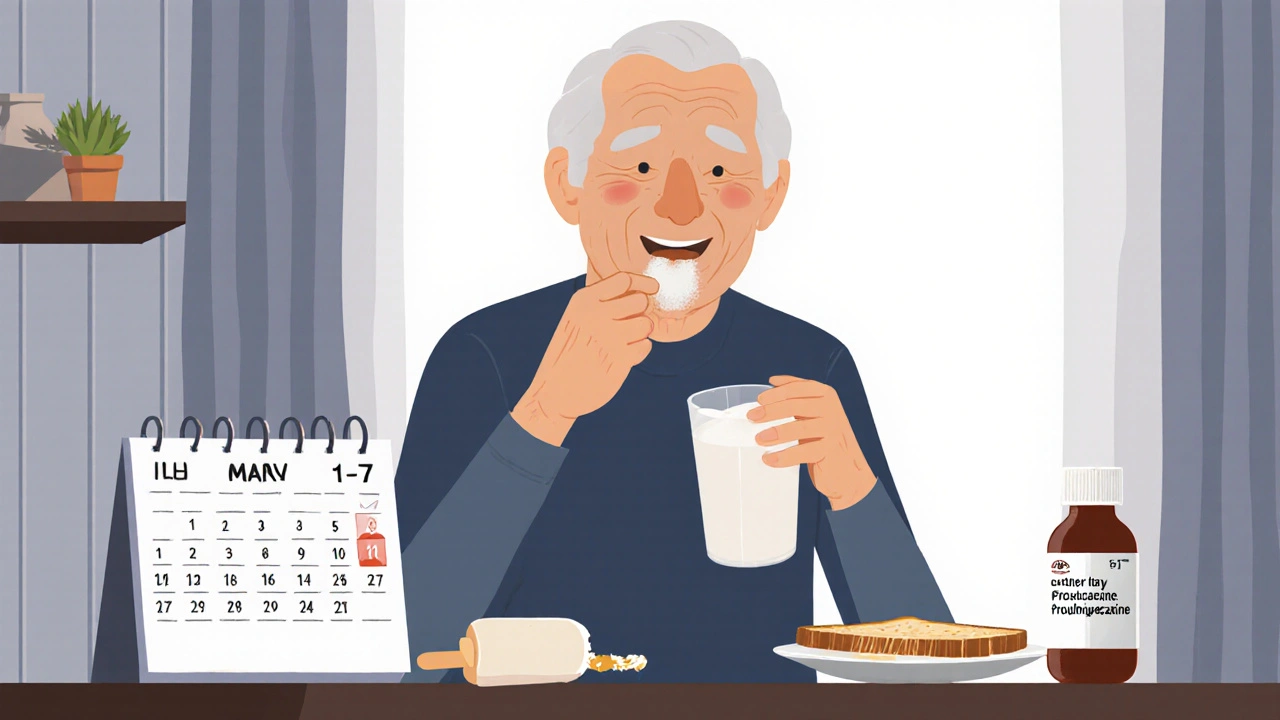 Elderly person eating light meals and using popsicle to manage opioid nausea.