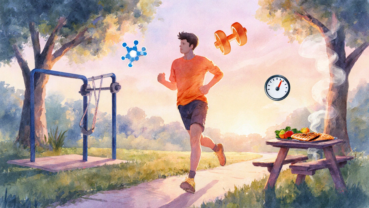 Energetic man exercising and eating healthy under a sunrise, representing lifestyle treatment for both conditions.