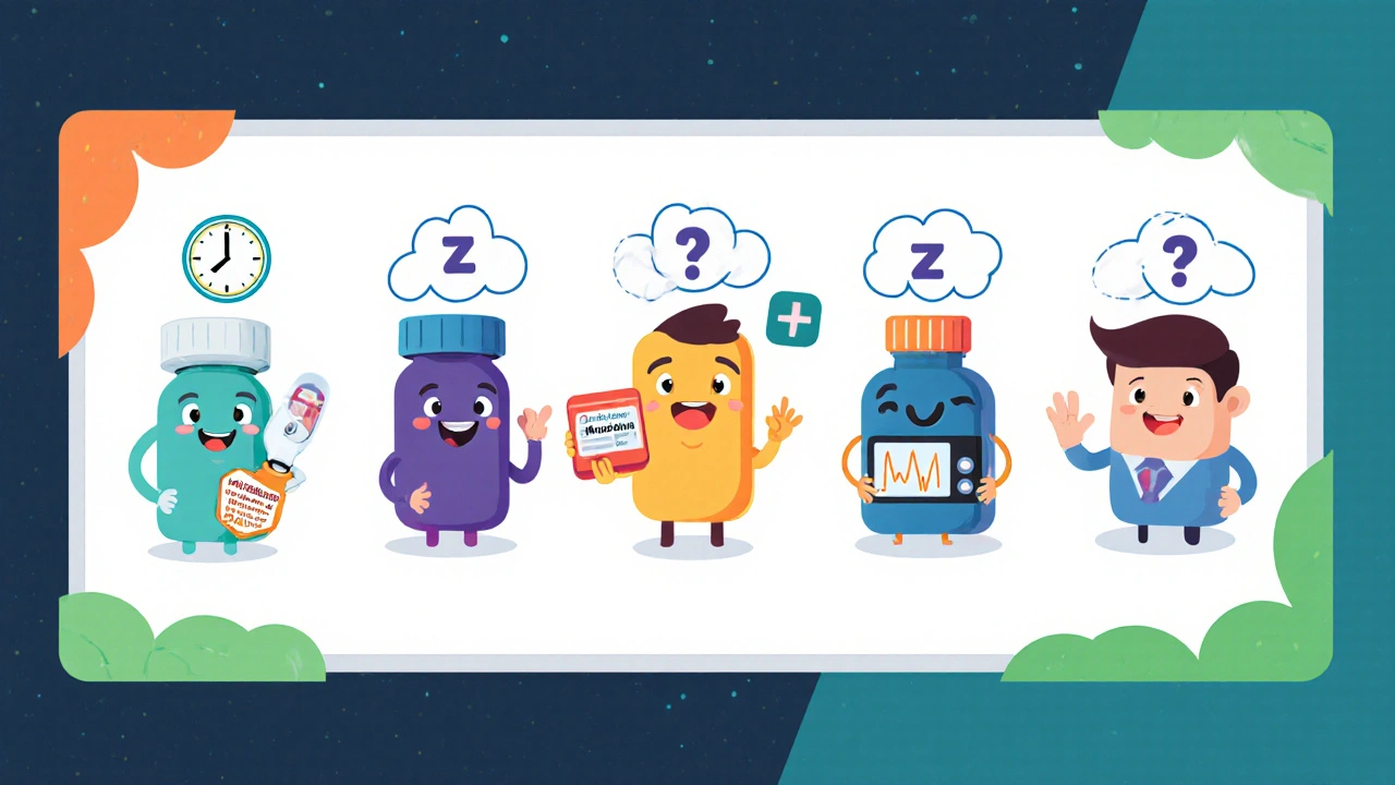 Five cartoon characters representing medication classes with night‑time clocks and Z symbols.