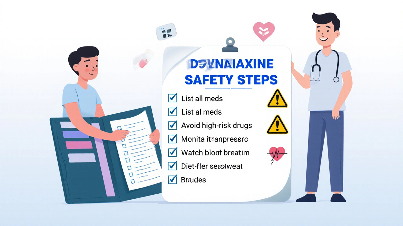 Flat cartoon of a person checking a medication list checklist with doctor and warning icons.