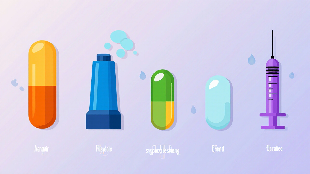 Flat icons of six asthma/allergy medications displayed on a split screen.