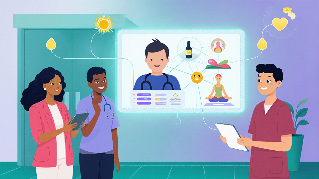 Flat illustration of a futuristic clinic matching blood markers to acupuncture, yoga, and supplements.