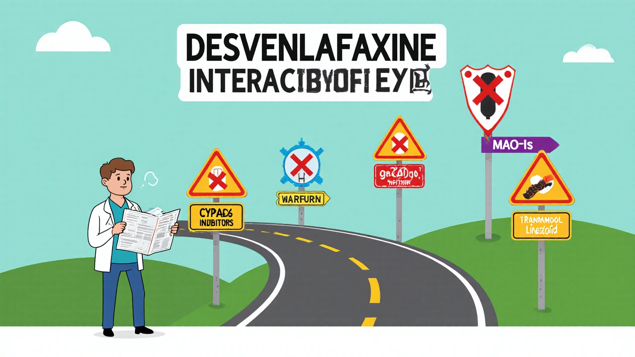 Flat illustration of a road map with warning signs for drugs that interact with Desvenlafaxine.