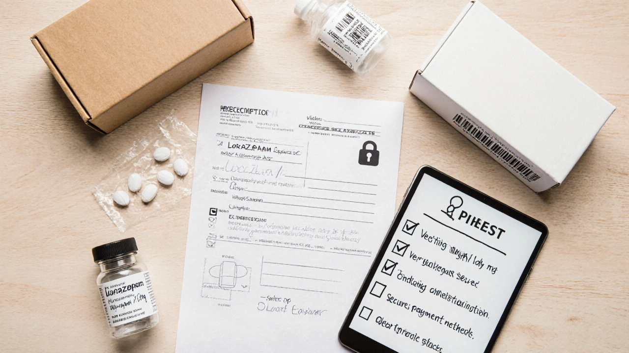 Flat lay of prescription, pill bottle, shipping box, SSL lock icon, and checklist for safe purchase.