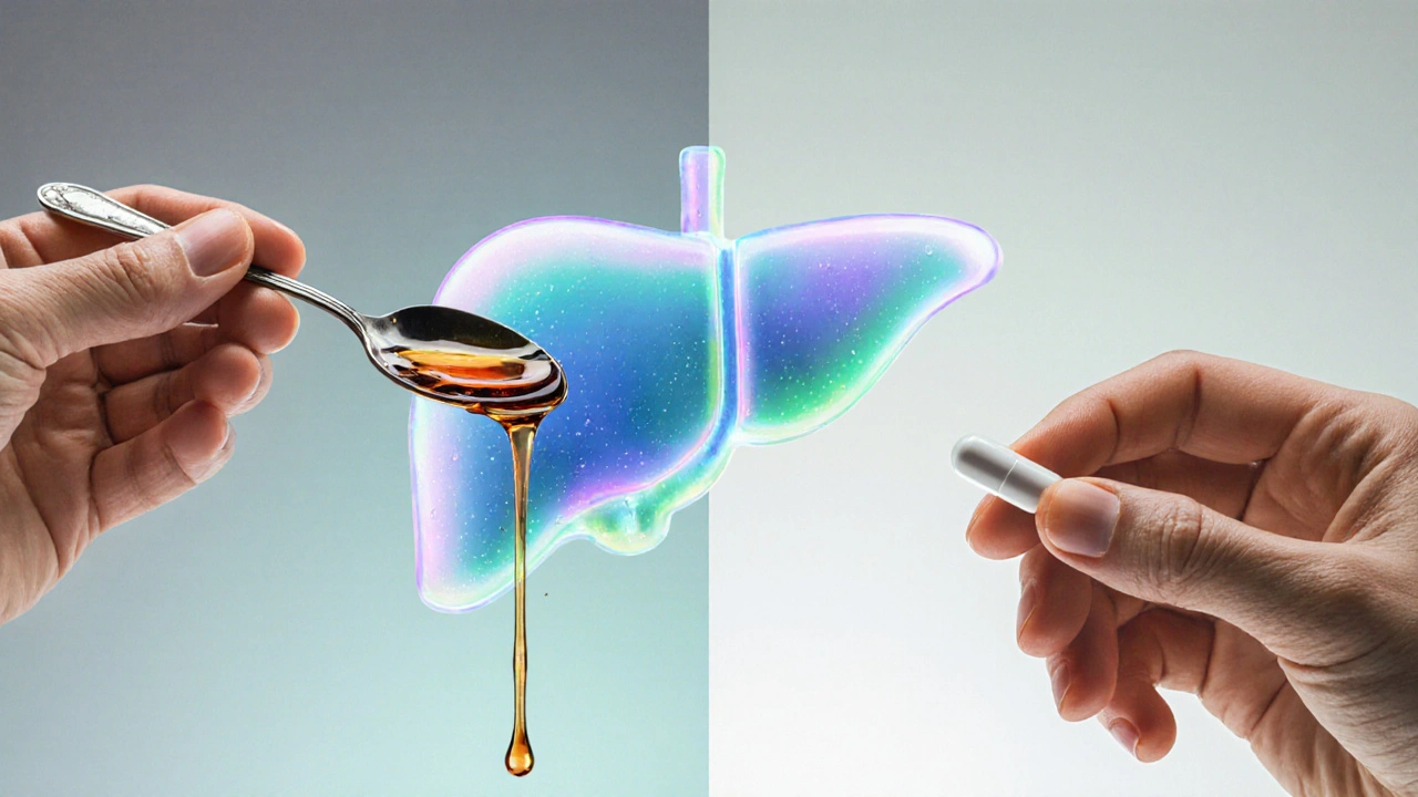 Hands holding syrup and a capsule with a glowing liver illustration between them.