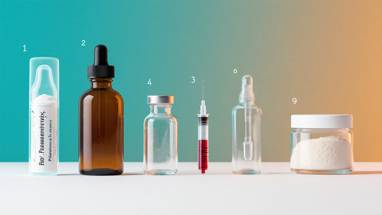 Illustration of six skincare treatments arranged on a white surface, from Placentrex to collagen powder.