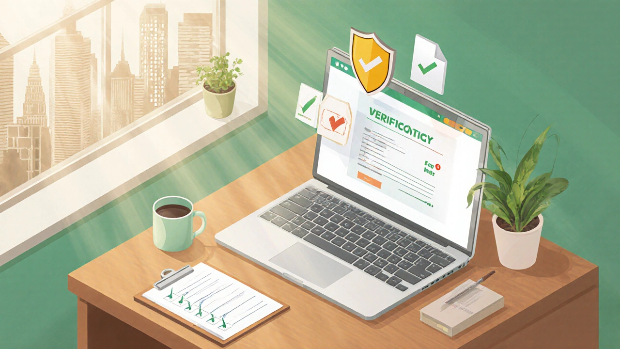 Isometric desk with laptop showing pharmacy verification icons and a checklist.