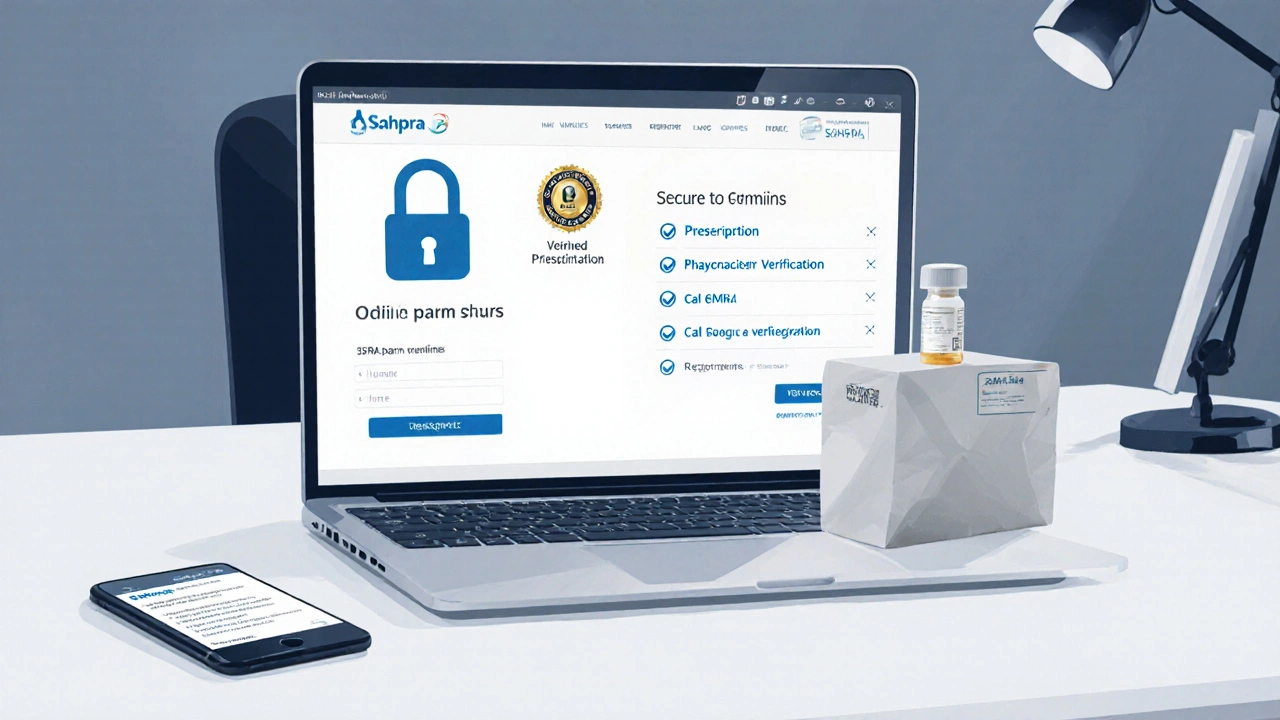 Laptop screen with secure pharmacy icons and a pharmacist call‑back notification on a desk.