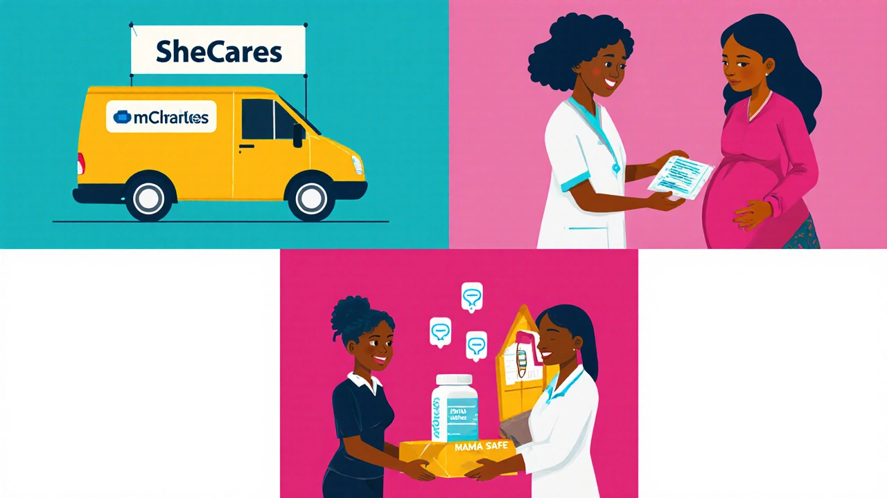 Montage of a mobile clinic, prenatal HIV care, and a health agent delivering ART at a home.