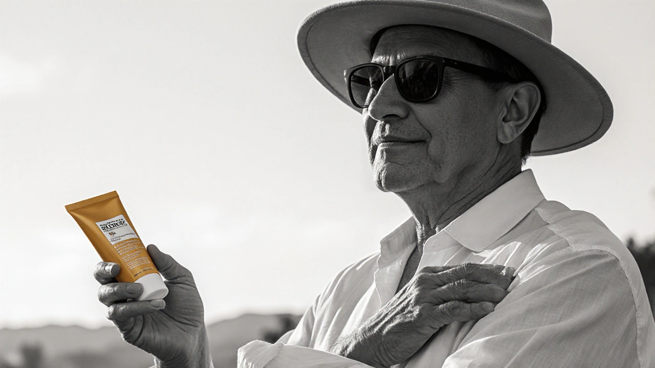 Person applying sunscreen outdoors, wearing hat and sunglasses, shown in duotone.