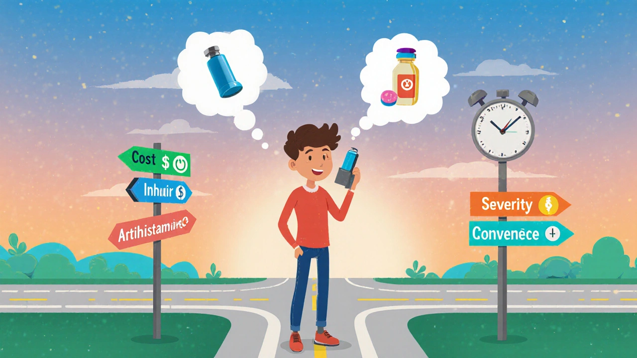 Person at a crossroads with signs for pill, inhaler, antihistamine, and injection, plus thought bubbles.