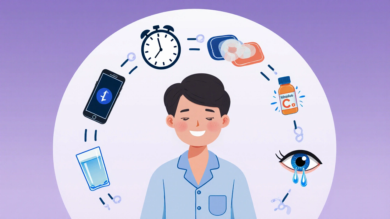 Person in pajamas with bedtime routine icons promoting eye health.
