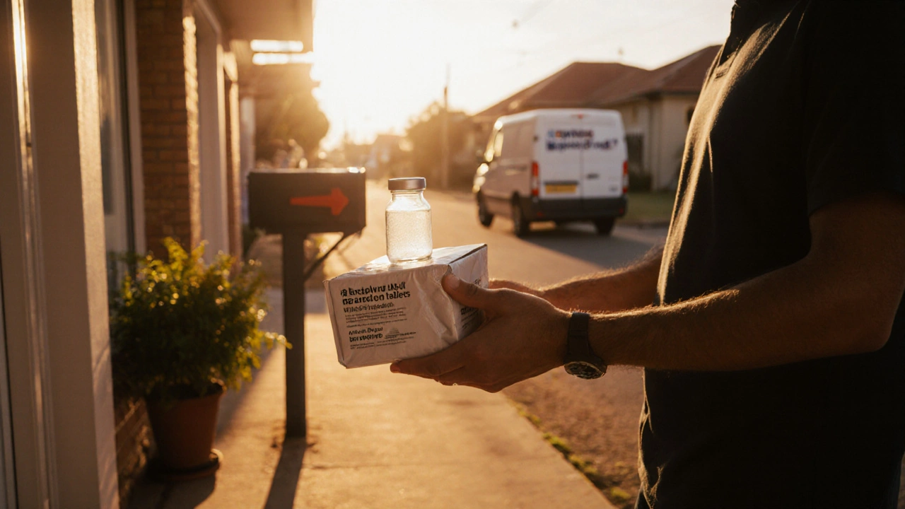 Person receiving a parcel on a doorstep and inspecting a bottle of tablets.