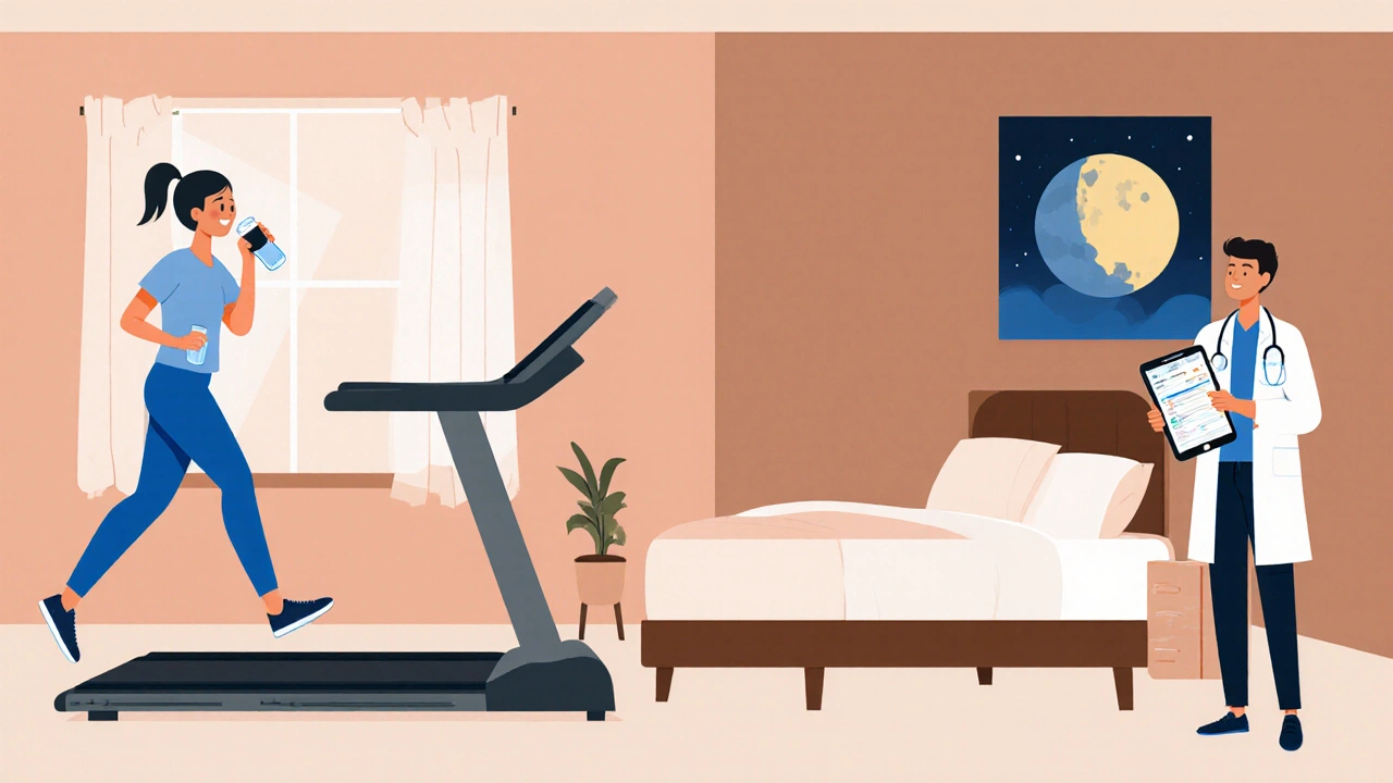 Person walking, drinking water, holding coffee, with sleep‑hygiene cues and a doctor with a phone app.