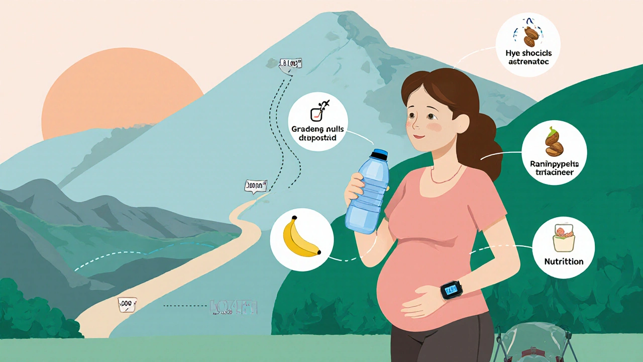 Prepared pregnant traveler with water, snack, pulse oximeter and safety checklist icons at a campsite.