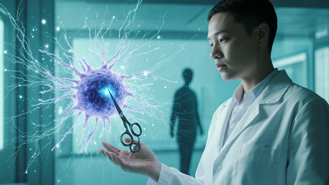 Scientist using a holographic CRISPR tool on a neuron with family silhouettes linked by gene threads