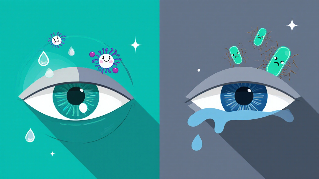 Side‑by‑side view of a healthy eye versus a sleep‑deprived eye with fewer tear droplets.