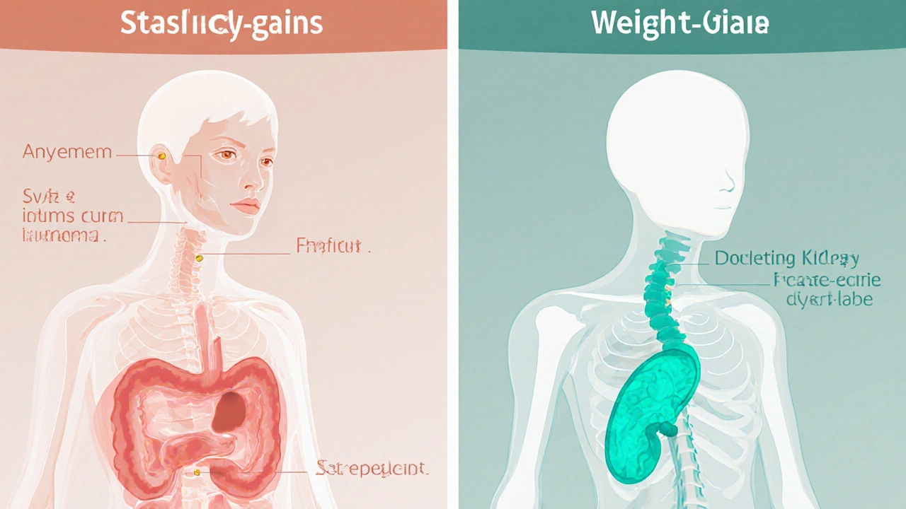 Split illustration showing anemia and nausea on left, kidney and weight issues on right.