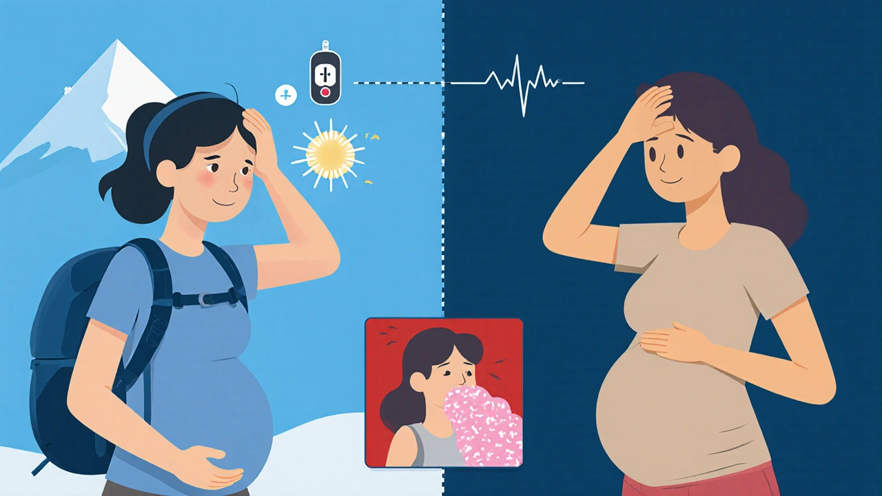 Split scene showing pregnancy symptoms vs mountain sickness, with danger vignette of severe altitude illness.