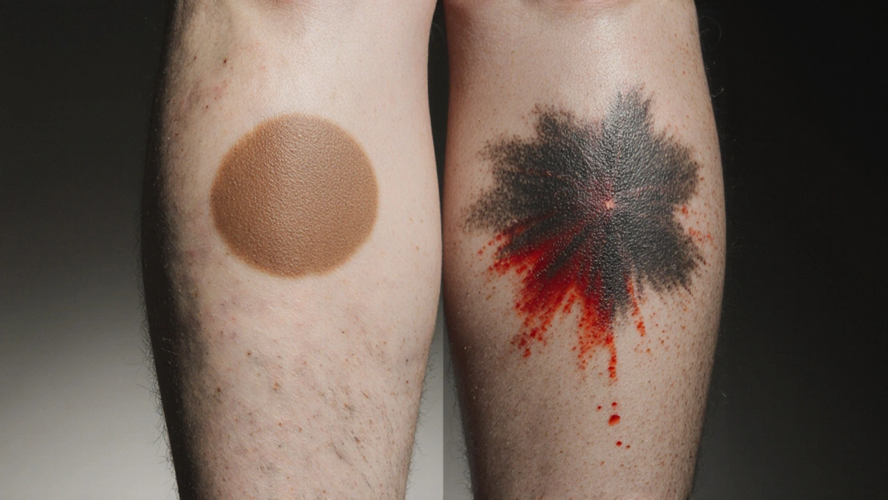 Split view comparing a uniform age spot to an irregular, multishaded melanoma lesion.