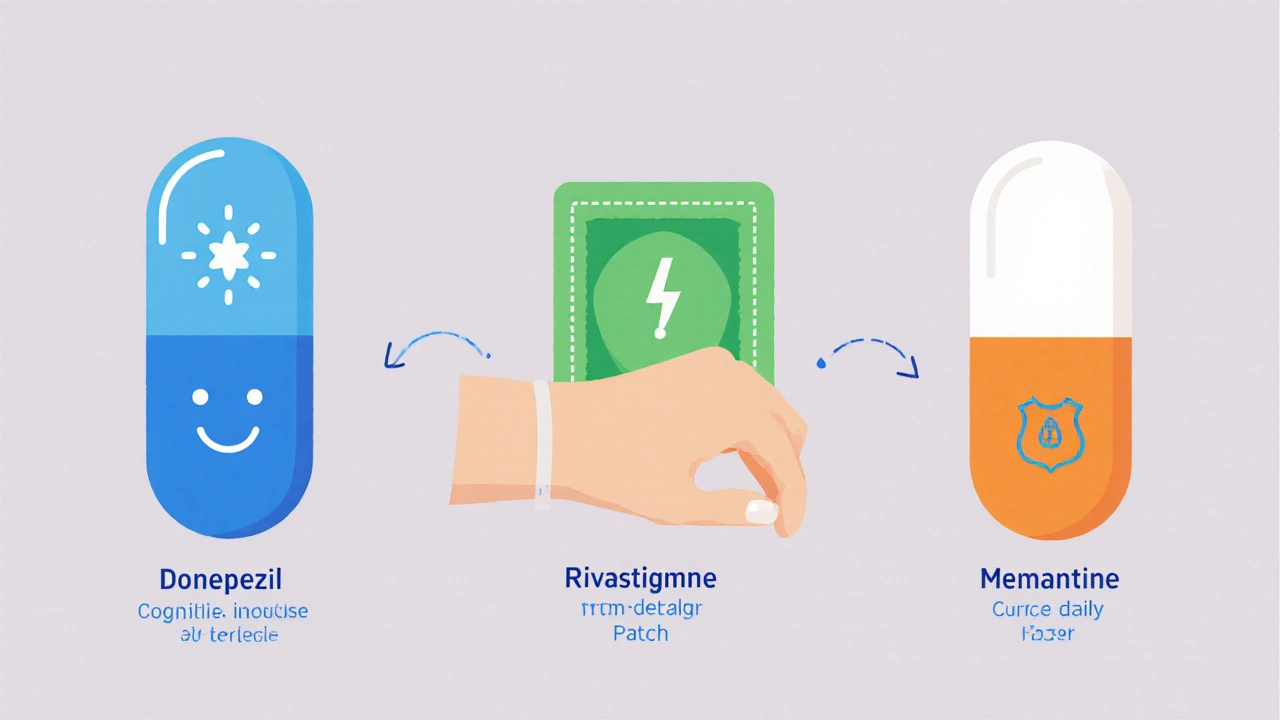 Three medication icons for Donepezil, Rivastigmine patch, and Memantine with benefit and side‑effect symbols.