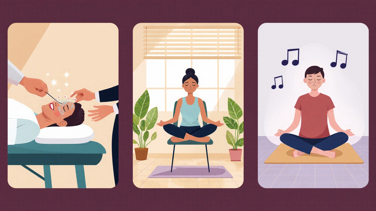 Three panels: patient getting acupuncture, doing chair yoga, and meditating in a calm setting.