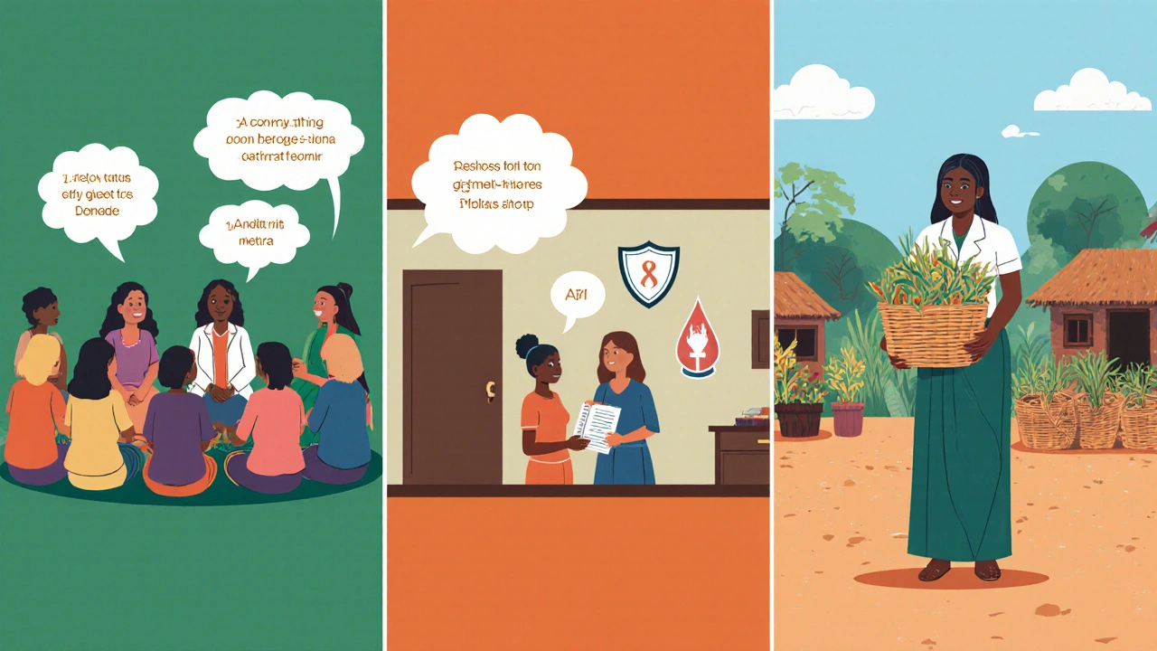 Three scenes showing community support, counseling for violence, and a woman with micro‑finance in a market.