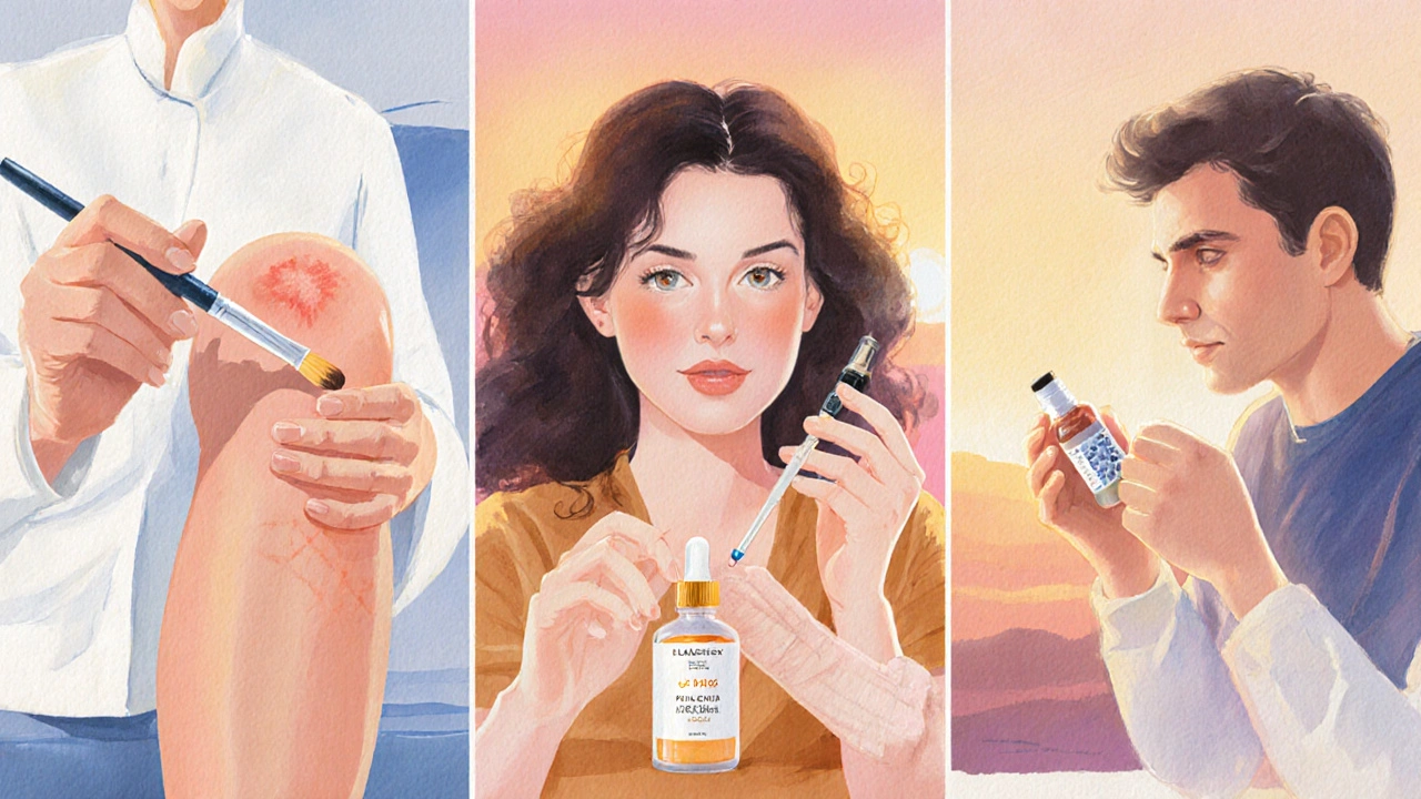 Warm illustration of dermatologist applying Placentrex, woman using serum, and PRP injection in a clinic.