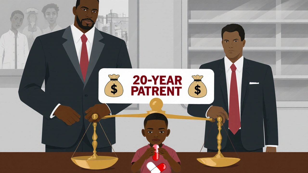 A child holding a pill against towering corporate figures with patent signs and tipped scales of justice.