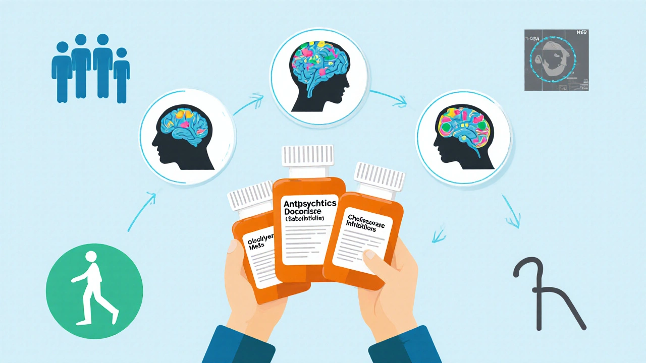 A doctor holding three medication bottles with brain pathway icons showing safe and dangerous treatments for dementia types.