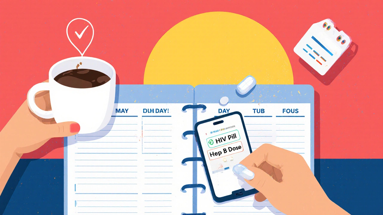 A person using a pill organizer and phone alarms to stay on track with medication.