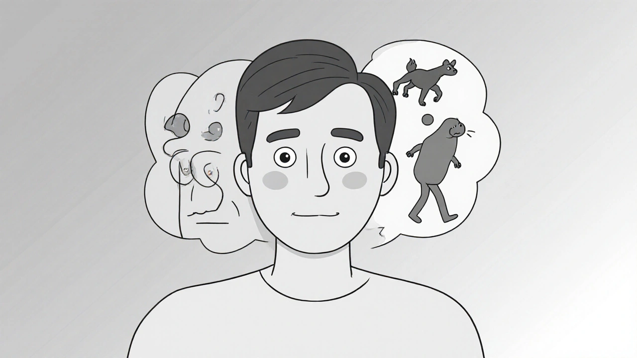 A person with three symbolic emotional states above their head representing FTD, LBD hallucinations, and vascular movement issues.