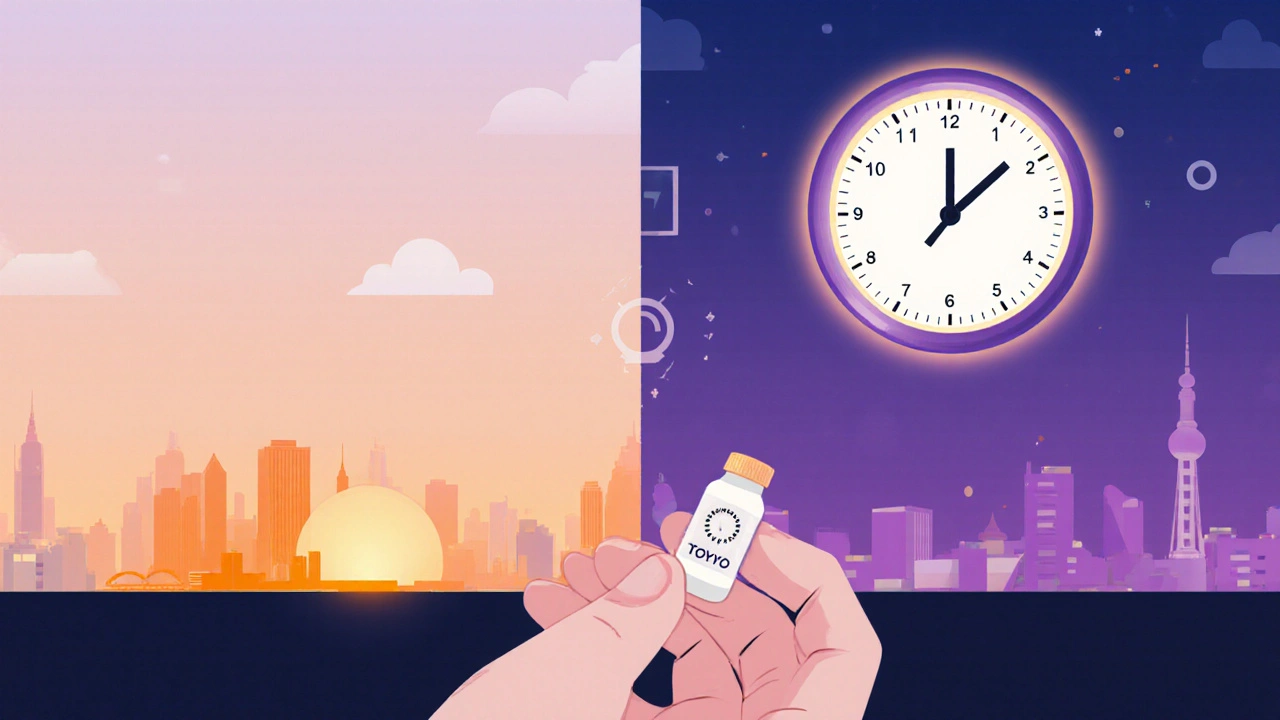 A traveler taking melatonin at sunset, with a circadian clock showing two different time zones.