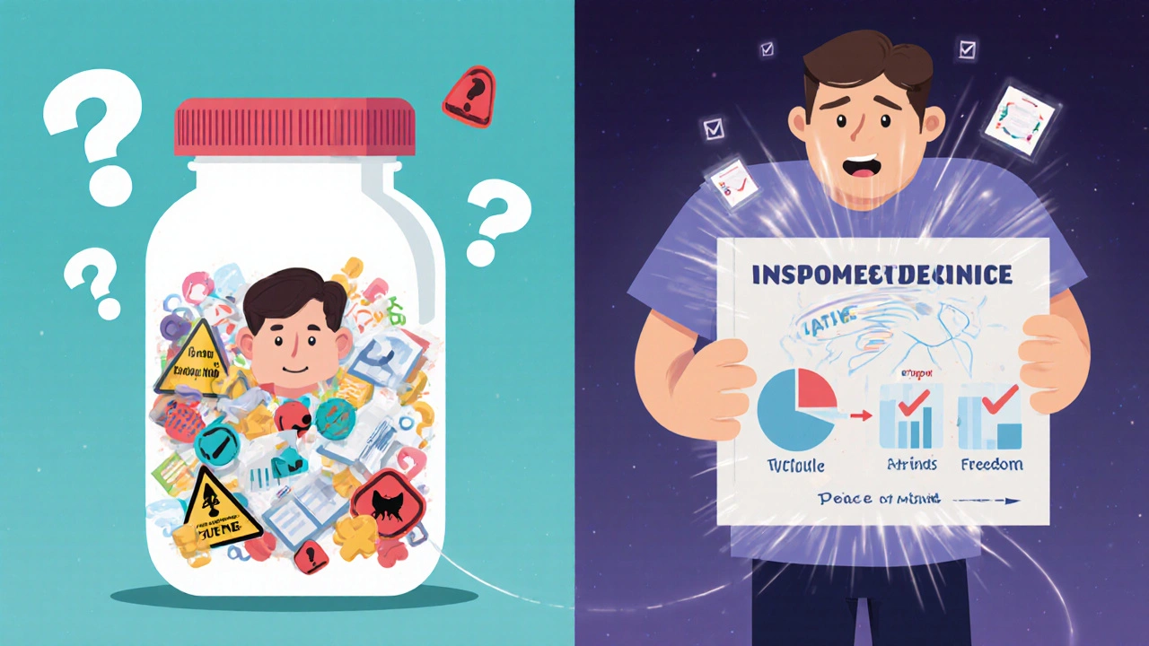 Before and after: confusion with medication vs. clarity from a decision aid, showing informed choice.