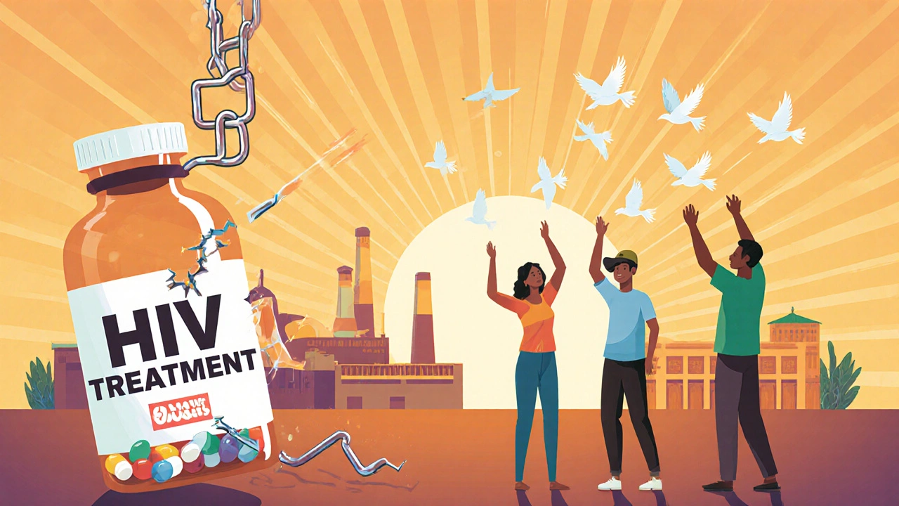 Broken patent locks falling from a medicine bottle as people reach for pills that turn into flying birds.